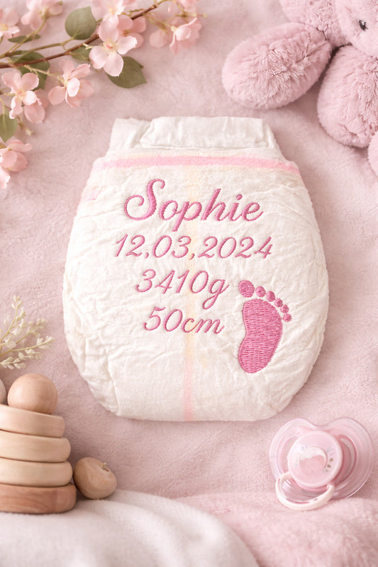 Embroidered Birth Diaper with Name & Birth Data