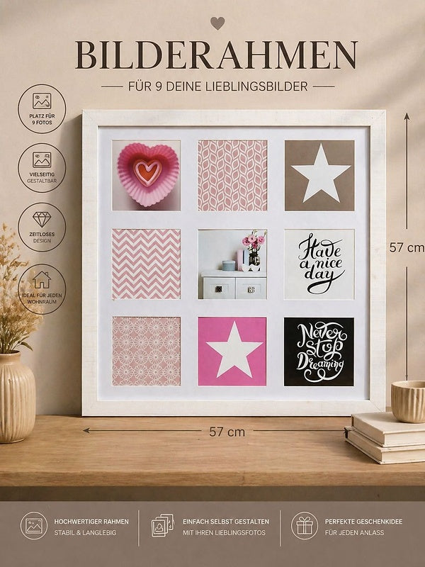 Bilderrahmen Collage 57 x 57 cm für 9 Fotos – Weißer Fotorahmen zum Selbstbefüllen für Lieblingsbilder & Wanddeko