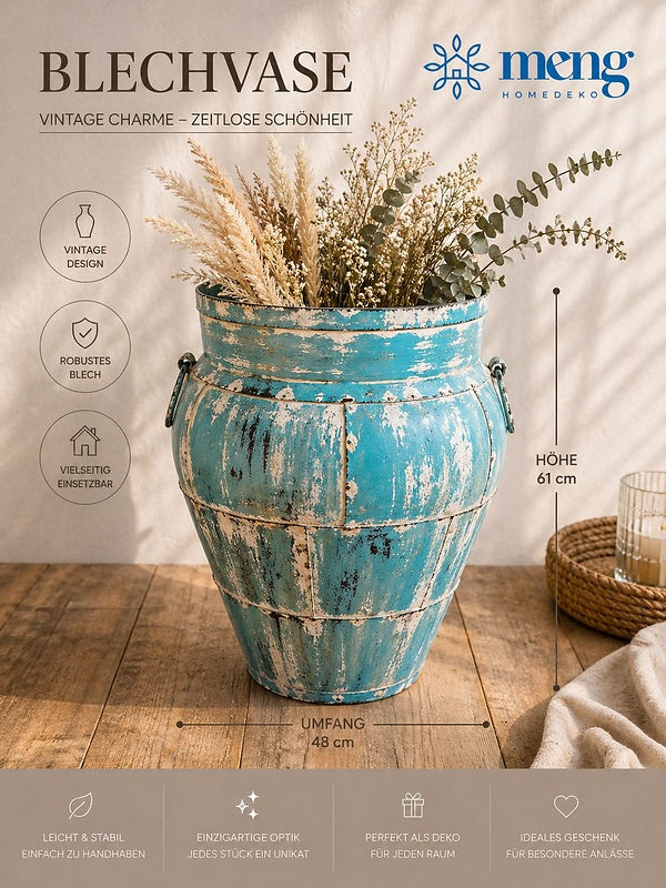 Meng Vintage Blechvase Blau 61 cm – Große Metallvase im Shabby Chic Look für Trockenblumen & stilvolle Deko