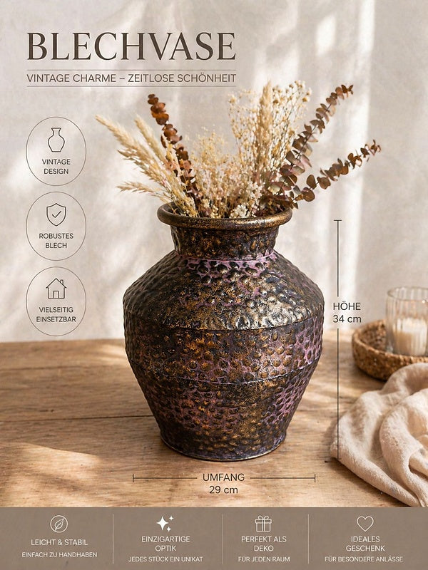 Blechvase Vintage Bronze 34 cm – Dekorative Metallvase mit Hammerschlag-Optik für Trockenblumen & Wohnaccessoires