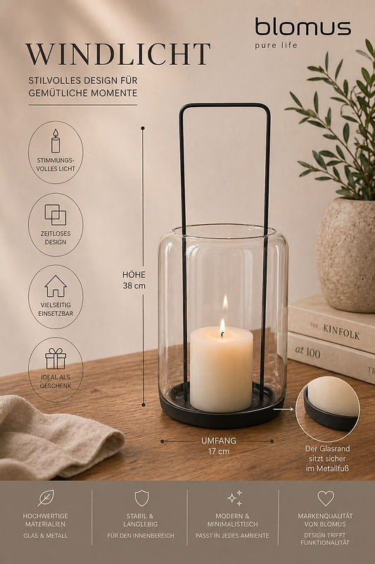 Blomus Windlicht mit Metallgriff 38 cm – Modernes Glas Windlicht mit Metallfuß für Kerzen & stilvolle Wohnraumdeko