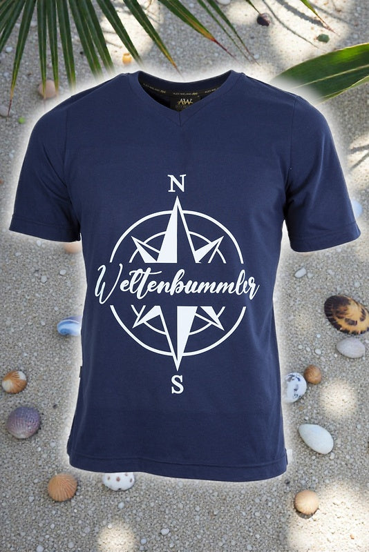 Wiemobil Campingshirt „Weltenbummler“ – Navy | V-Neck Outdoor T-Shirt mit Kompassrose