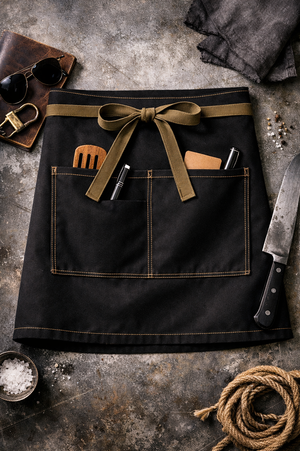 Bakla II | Kurze Bistro- Schürze mit Doppeltasche und farbigen Bindebändern