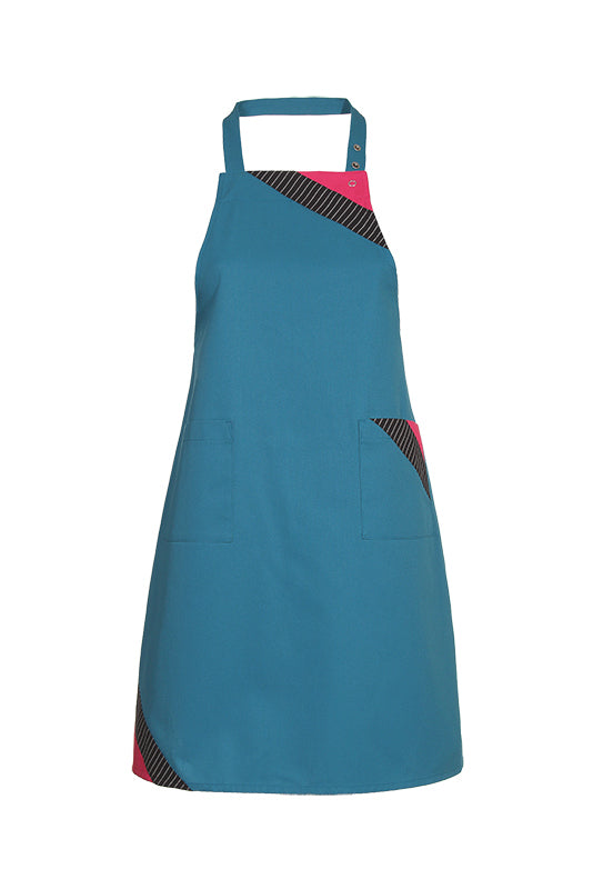 Performance Latzschürze Dublin_Sonderedition, eine petrol-farbene Schürze in Verbindung mit edlem Nadelstreifen und pink
