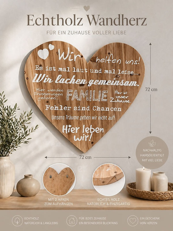 Echtholz Wandherz 72 x 72 cm mit Familienspruch – Große Herz Wanddeko aus Holz für ein liebevolles Zuhause