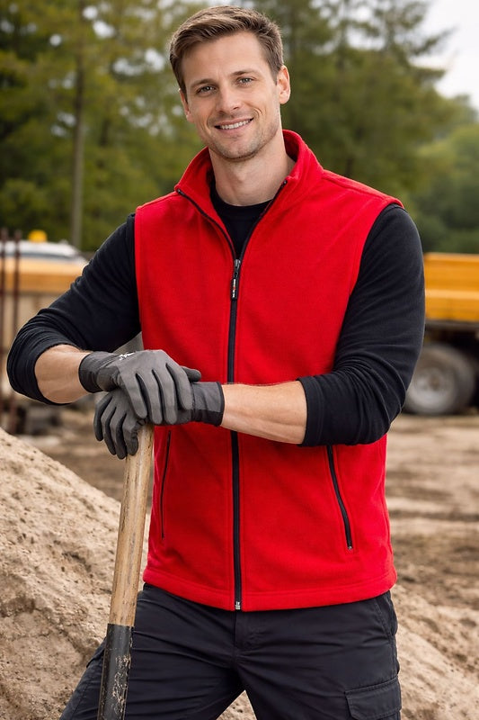 Herren Fleeceweste Finn II – zweifarbige Arbeitsweste in Rot mit schwarzen Reißverschlüssen