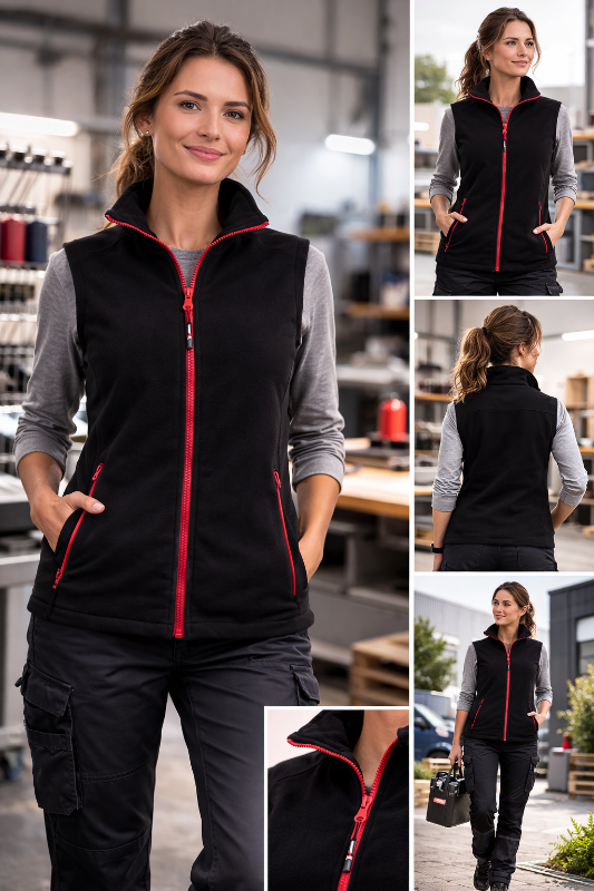 Damen Fleeceweste Finnea_Black Edition - schwarz mit farbigem Reißverschluss | made in Germany