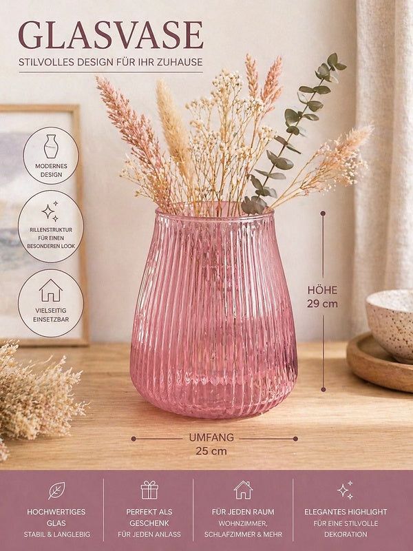 Glasvase Rosa 29 cm mit Rillenstruktur – Moderne Dekovase für Blumen, Trockenblumen & stilvolle Wohnräume