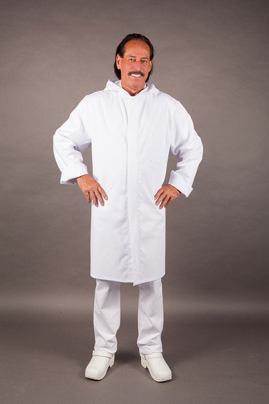 Fleischträgermantel Hamburg in Weiß und Kapuze