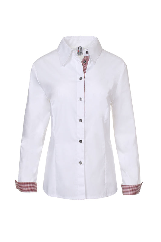 Damenbluse Karo_White Edition mit karierten Elementen in Weinrot