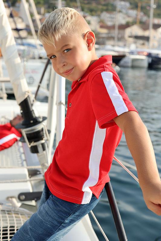 Kids' Polo Marcelino – Made in Issigau (95188) | Short-sleeved with pique collar, 2 buttons & white side contrast