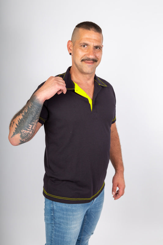 Herren Poloshirt Martin_Black Edition mit Untertritt in Warnfarbe