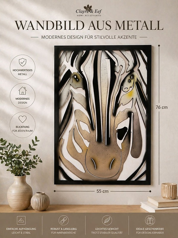 Clayre & Eef Zebra Wandbild aus Metall 55 x 76 cm – Modernes Metallbild mit Tiermotiv für stilvolle Wanddeko