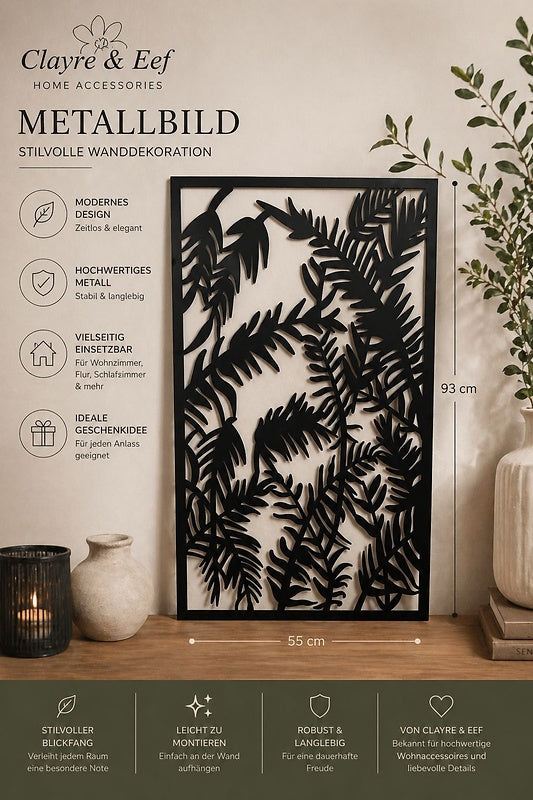 Clayre & Eef Metallbild Blätter 55 x 93 cm – Schwarze Wanddeko aus Metall mit modernem Pflanzenmotiv