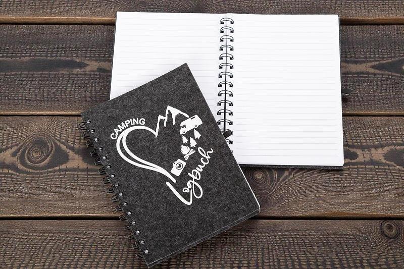 Wiemobil "Camping Love" Notebook – Felt Cover with Heart, Mountains & Camper | Spiral-bound Travel & Camping Notebook with Logo Print