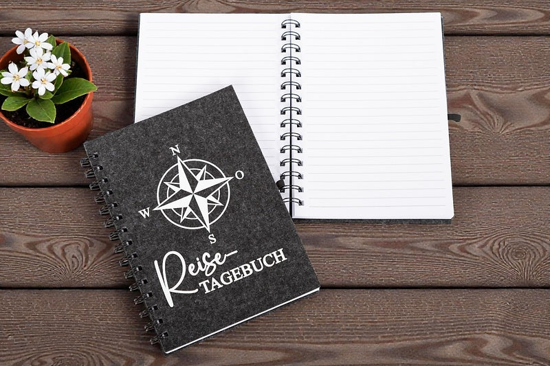 Wiemobil Travel Diary "Travel Diary" - Felt Cover with Compass Rose | Spiral-bound Travel & Camping Notebook with Logo Print