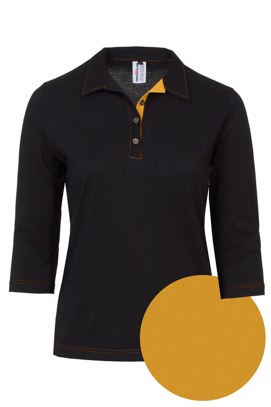 Damen Poloshirt Patty_Black Edition mit 3/4 Armen in schwarz-honiggelb