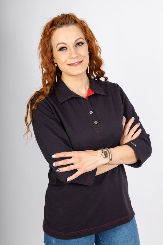 Damen Poloshirt Patty_Black Edition mit 3/4 Armen und Untertritt in Rot