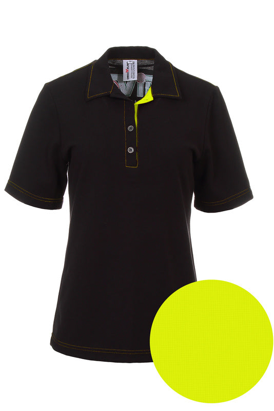 Damen Poloshirt Patty_Black Edition mit farbigen Untertritt in Warnfarbe