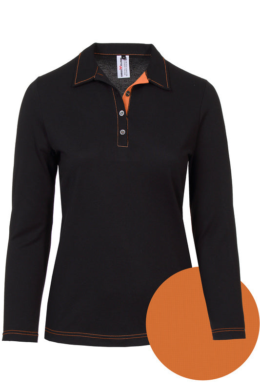 Damen Poloshirt Patty_Black Edition mit langen Ärmeln und Untertritt in Orange