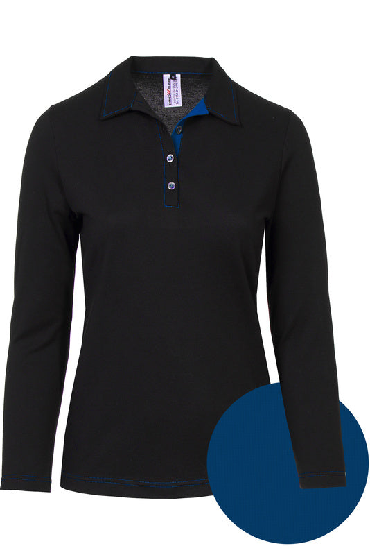 Damen Poloshirt Patty_Black Edition mit langen Ärmeln und Untertritt in Blau