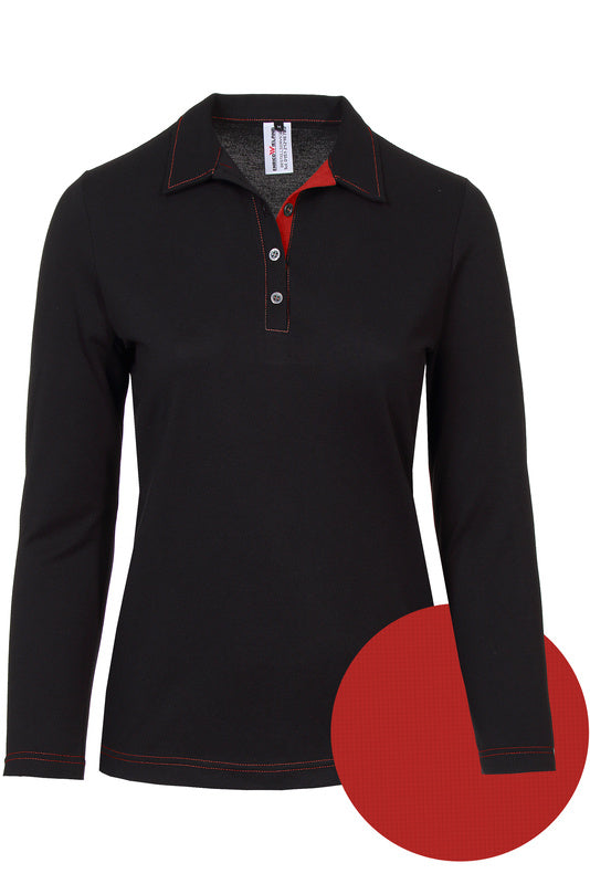 Damen Poloshirt Patty_Black Edition mit langen Ärmeln und Untertritt in Rot