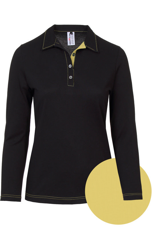 Damen Poloshirt Patty_Black Edition mit langen Ärmeln und Untertritt in Gelb
