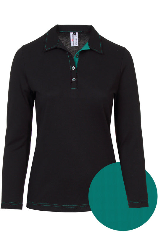 Damen Poloshirt Patty_Black Edition mit langen Ärmeln und Untertritt in Blau