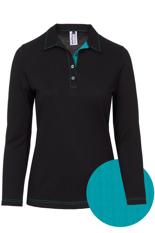 Damen Poloshirt Patty_Black Edition mit langen Ärmeln und Untertritt in Blau