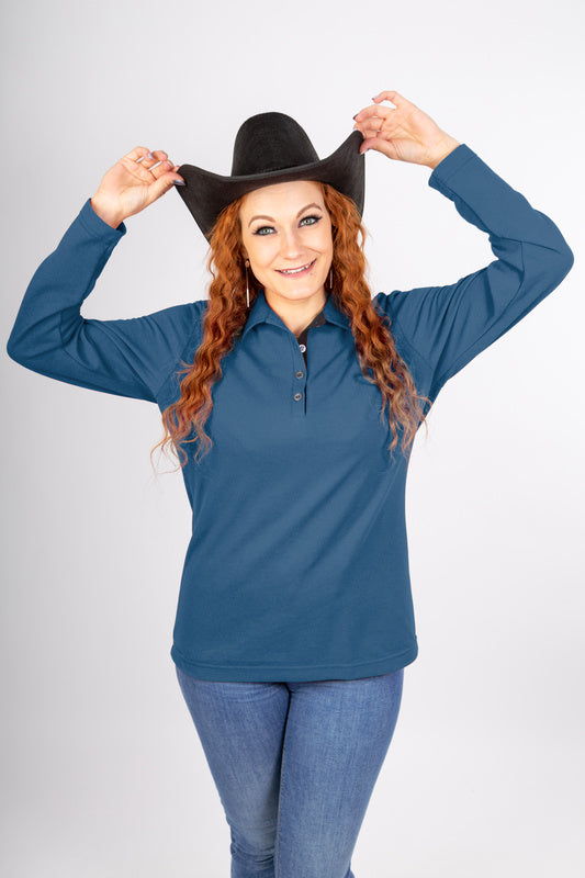Damen Poloshirt Patty mit langen Armen in Blau