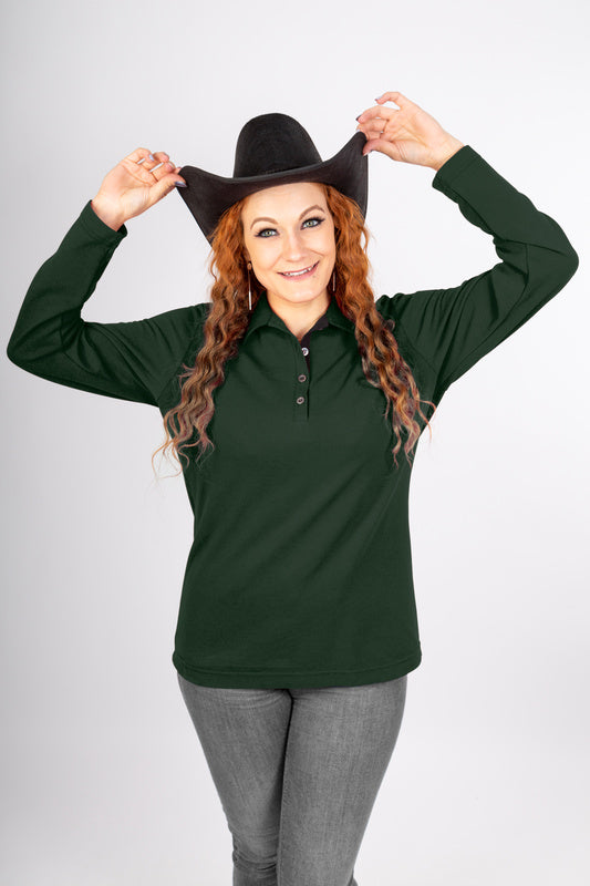 Damen Poloshirt Patty mit langen Armen in Dunkelgrün