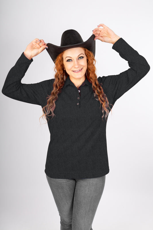 Damen Poloshirt Patty mit langen Armen in Dunkelgrau meliert