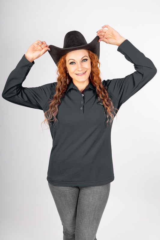 Damen Poloshirt Patty mit langen Armen in Dunkelgrau