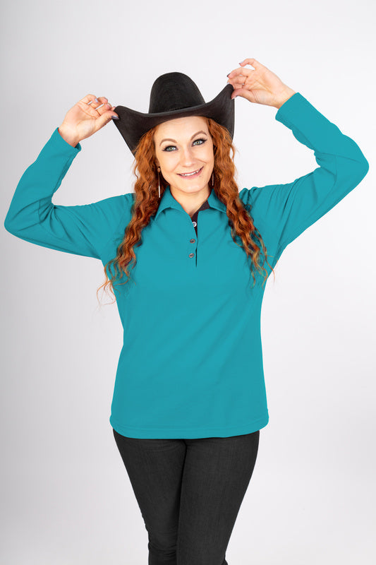 Damen Poloshirt Patty mit langen Armen in Blau
