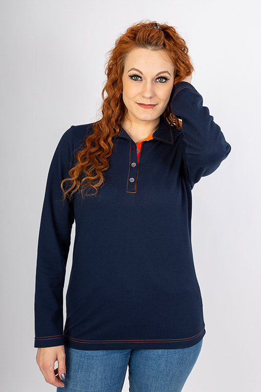 Damen Poloshirt Patty_Navy Edition in Dunkelblau mit Orange