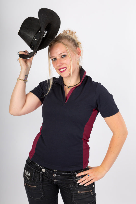 Damen Poloshirt Phyllis_Black Edition in Schwarz mit Weinrot