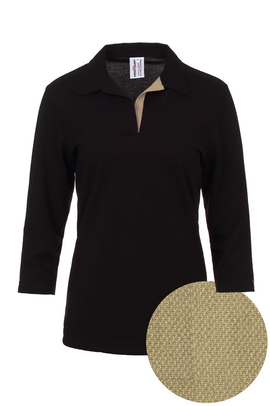 Damen Poloshirt Pina_Black Edition mit 3/4 Armen und V-Leiste in Beige