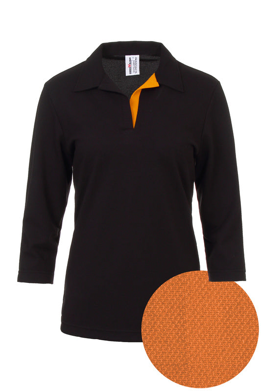 Damen Poloshirt Pina_Black Edition mit 3/4 Armen und V-Leiste in Orange