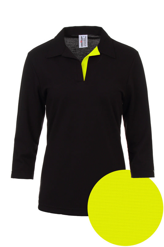 Damen Poloshirt Pina_Black Edition mit 3/4 Armen und V-Leiste in Warnfarbe