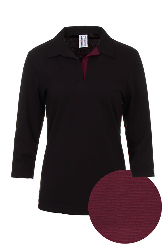 Damen Poloshirt Pina_Black Edition mit 3/4 Armen und V-Leiste in Weinrot