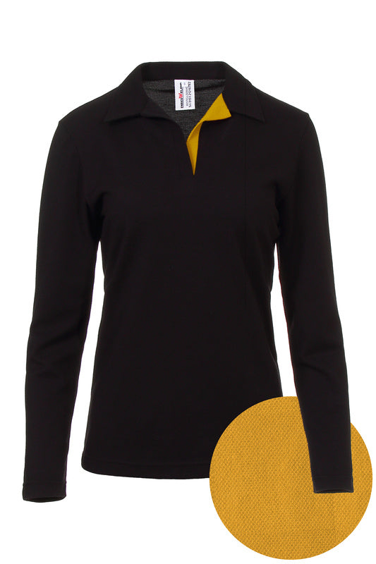 Damen Poloshirt Pina_Black Edition mit langen Armen und V-Leiste in Gelb