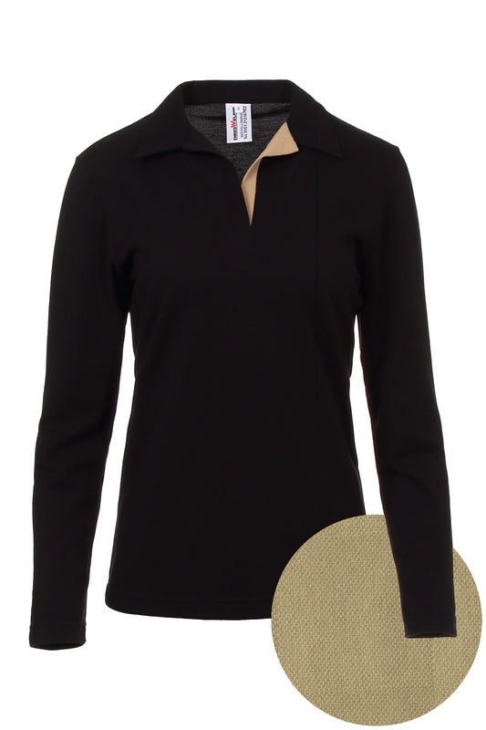 Damen Poloshirt Pina_Black Edition mit langen Armen und V-Leiste in Beige