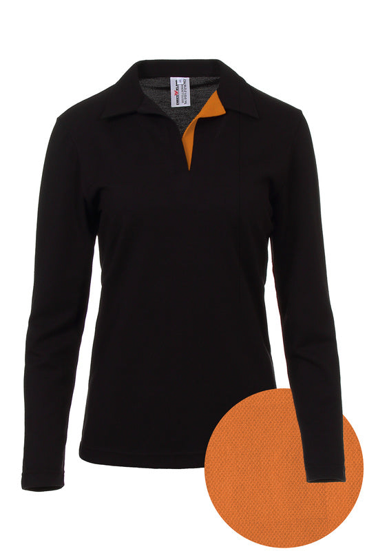 Damen Poloshirt Pina_Black Edition mit langen Armen und V-Leiste in Orange