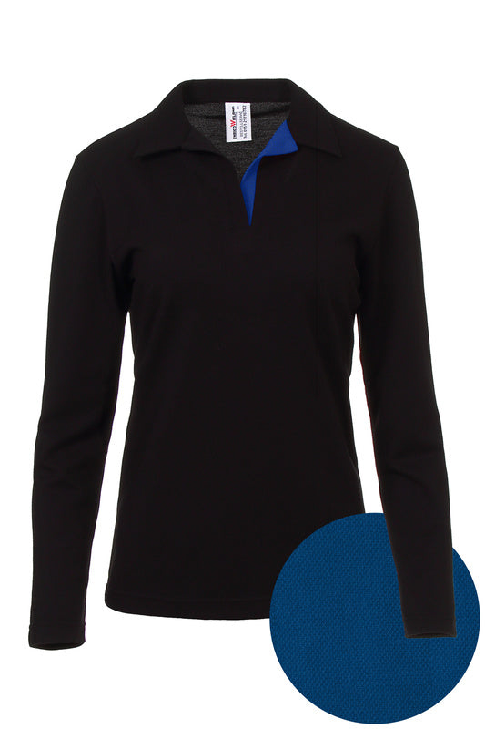 Damen Poloshirt Pina_Black Edition mit langen Armen und V-Leiste in Blau