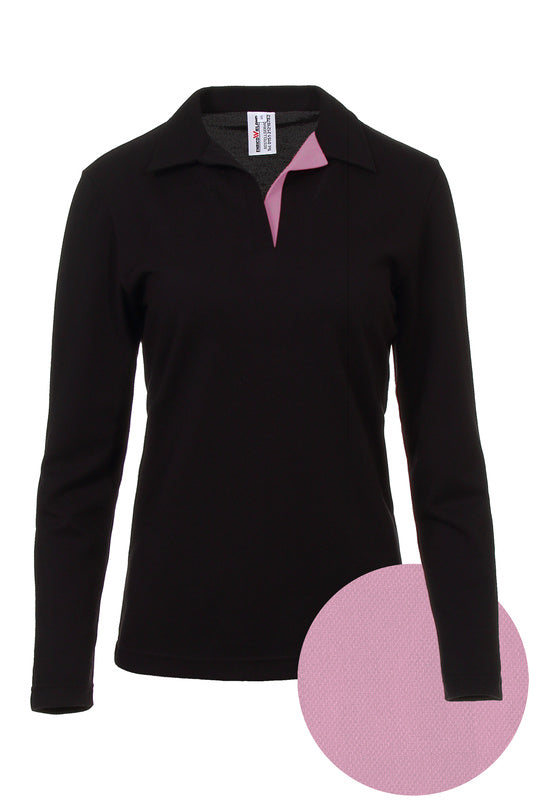 Damen Poloshirt Pina_Black Edition mit langen Armen und V-Leiste in Rosa