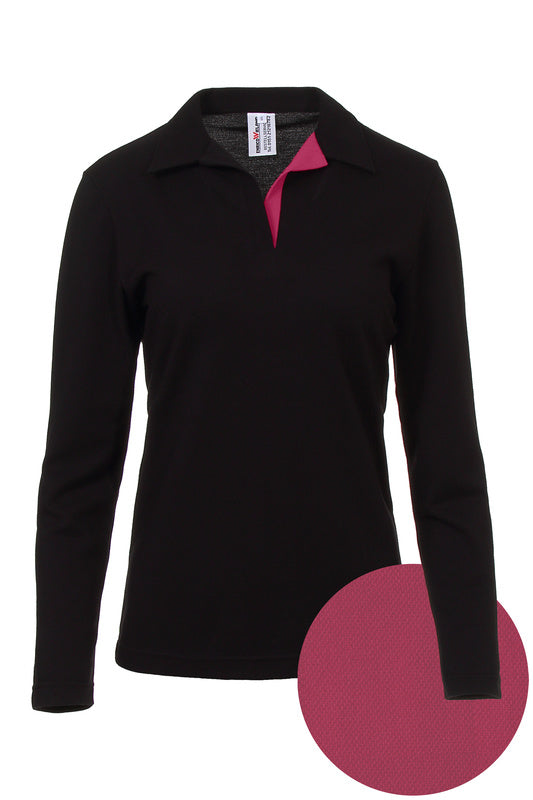 Damen Poloshirt Pina_Black Edition mit langen Armen und V-Leiste in Pink