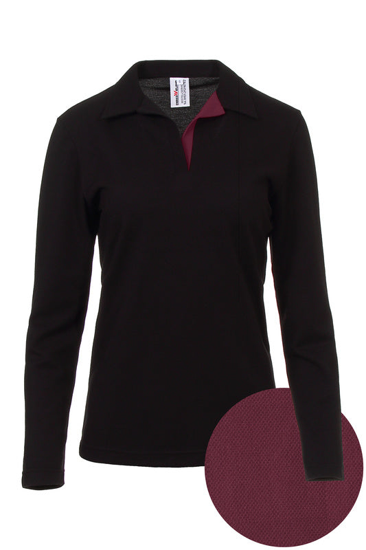 Damen Poloshirt Pina_Black Edition mit langen Armen und V-Leiste in Weinrot