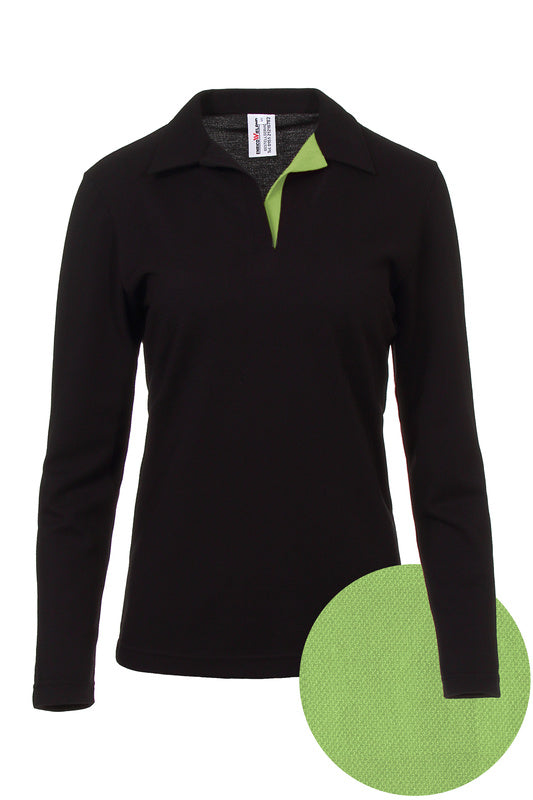 Damen Poloshirt Pina_Black Edition mit langen Armen und V-Leiste in Grün