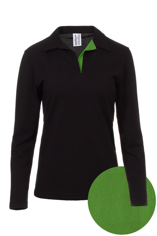 Damen Poloshirt Pina_Black Edition mit langen Armen und V-Leiste in Grün