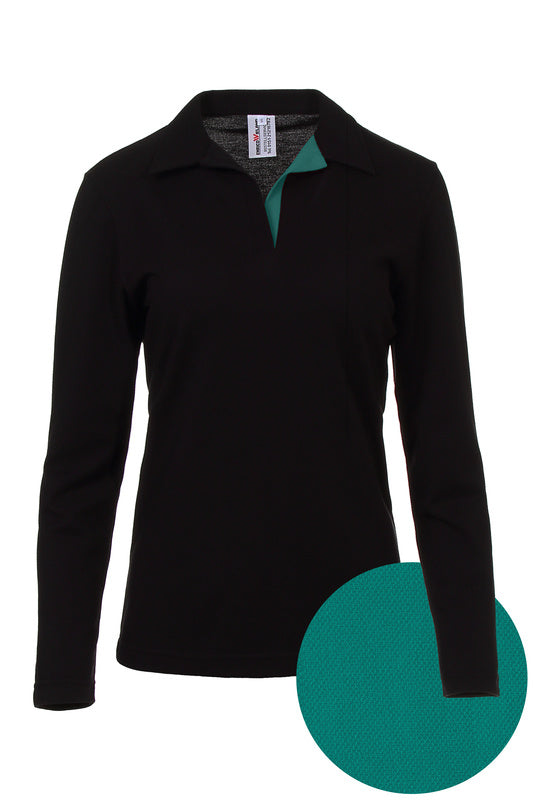 Damen Poloshirt Pina_Black Edition mit langen Armen und V-Leiste in Blau